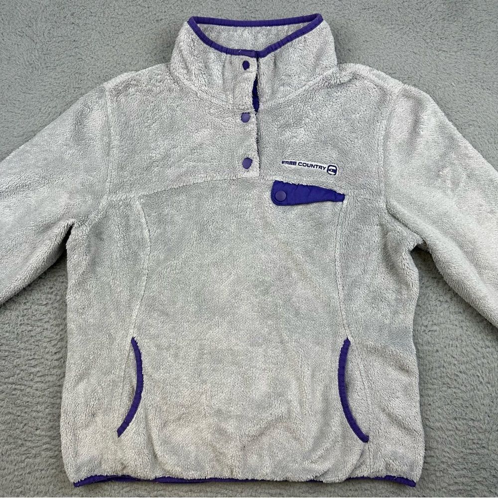 Free Country Womens Plush Sherpa Snap Pullover Gray Purple Fleece Sweater Large